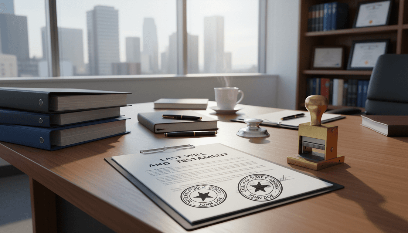 Official documents with notary seal and authentication stamps on a professional desk