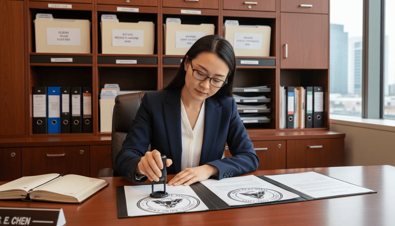Notary reviewing and stamping official documents