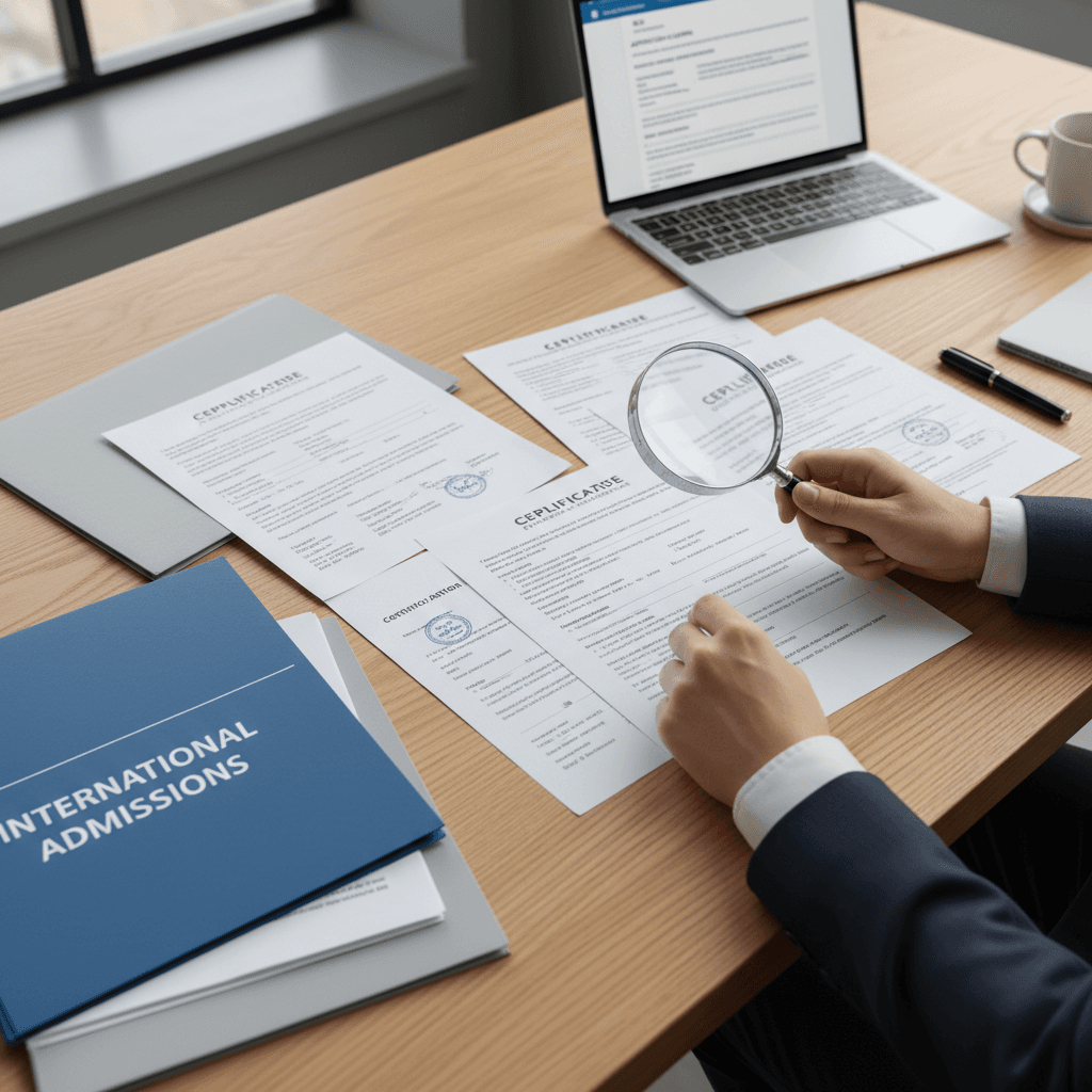 Professional administrator's hands carefully reviewing and organizing international application documents on a light wooden desk with natural sunlight