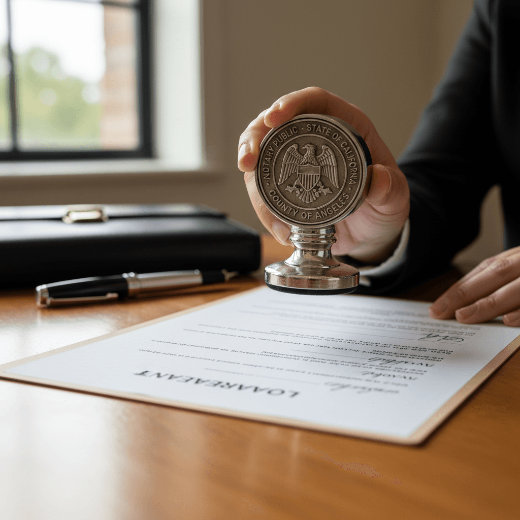 Professional notary carefully reviewing and authenticating official documents at organized desk