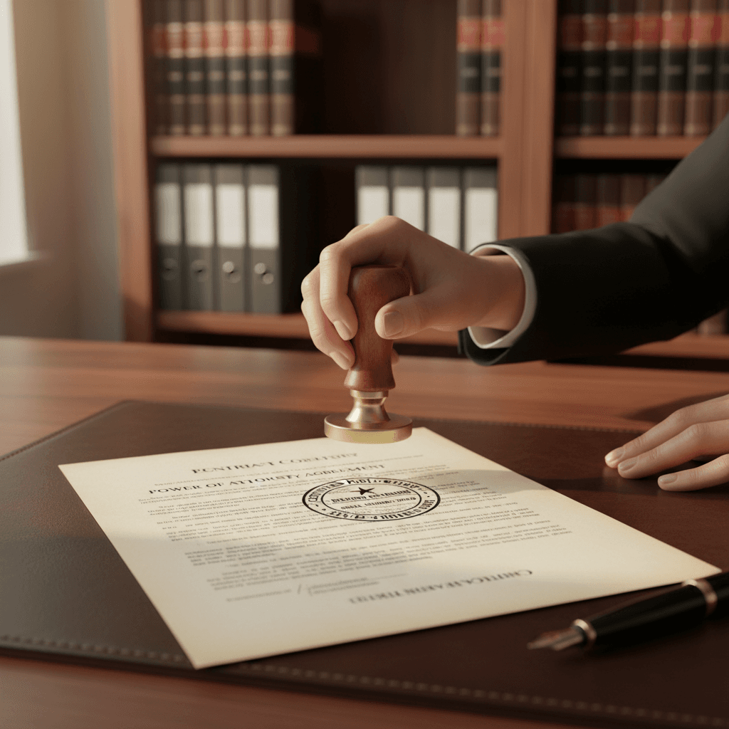 Notary professional stamping and authenticating legal documents at desk