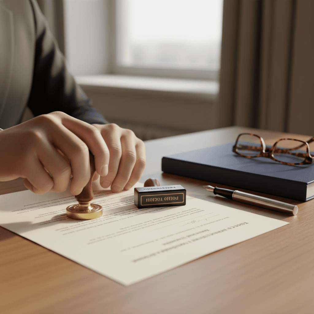 Notary professional authenticating documents at desk