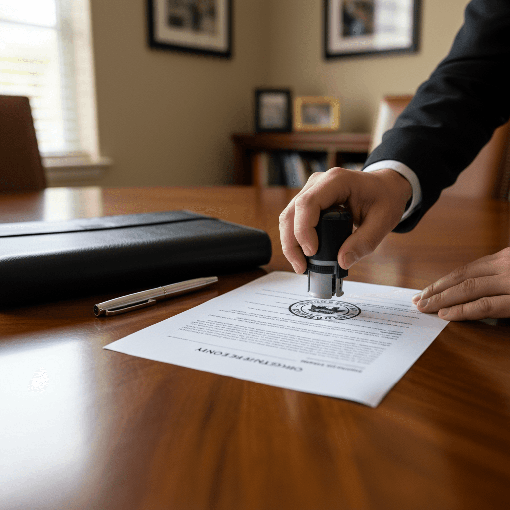 Notary public hands stamping official document seal on legal paperwork at client's table